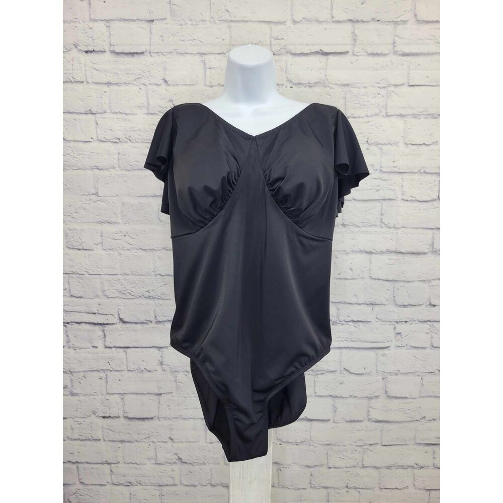 12R BLACK A392811 Denim & Co. Beach Draped Ruffle Sleece One-Piece